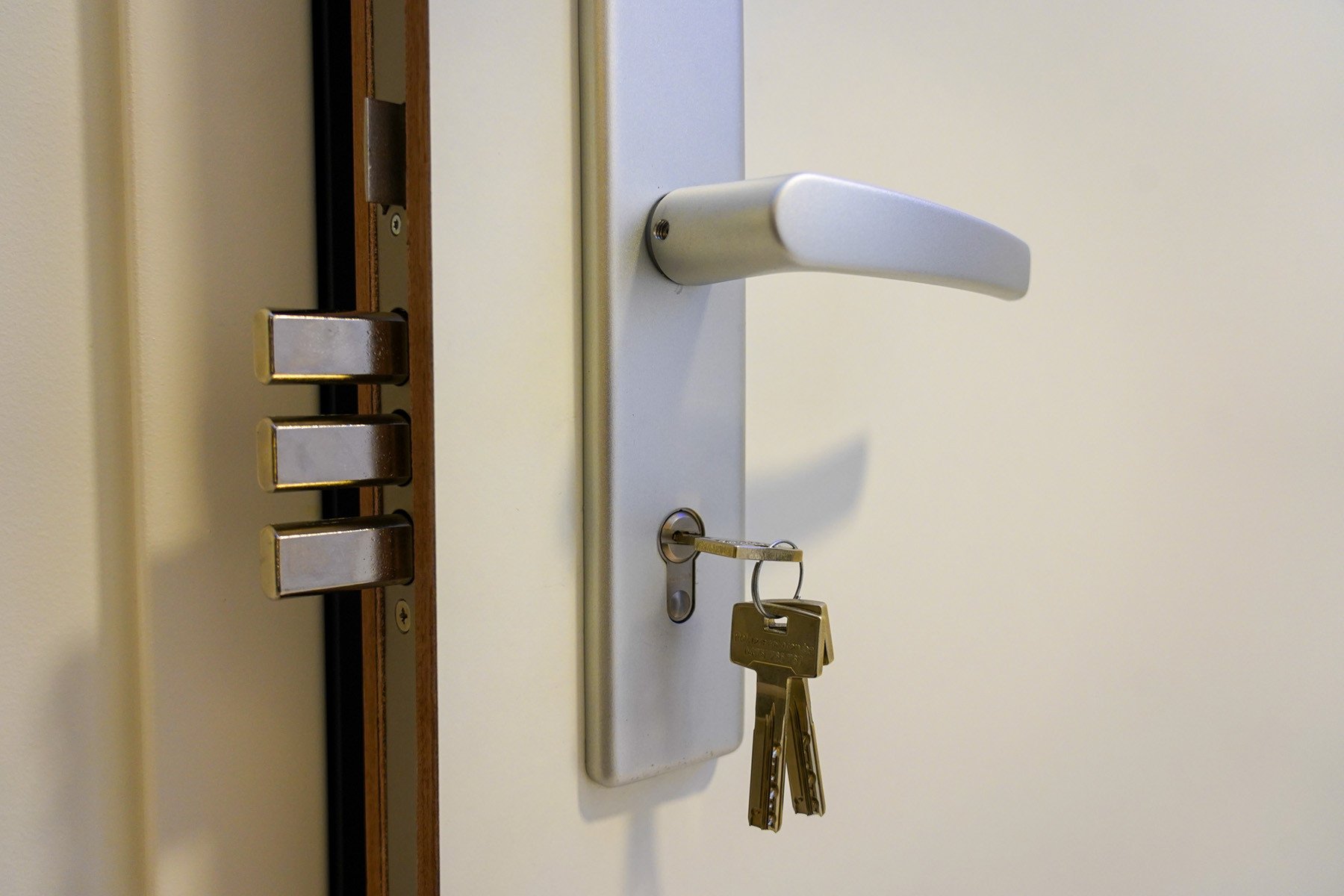 Detailfoto van een stevig veiligheidsslot met meerdere sluitpunten en sleutel. Een goede beveiliging voor een veilige en betrouwbare appartementsdeur.